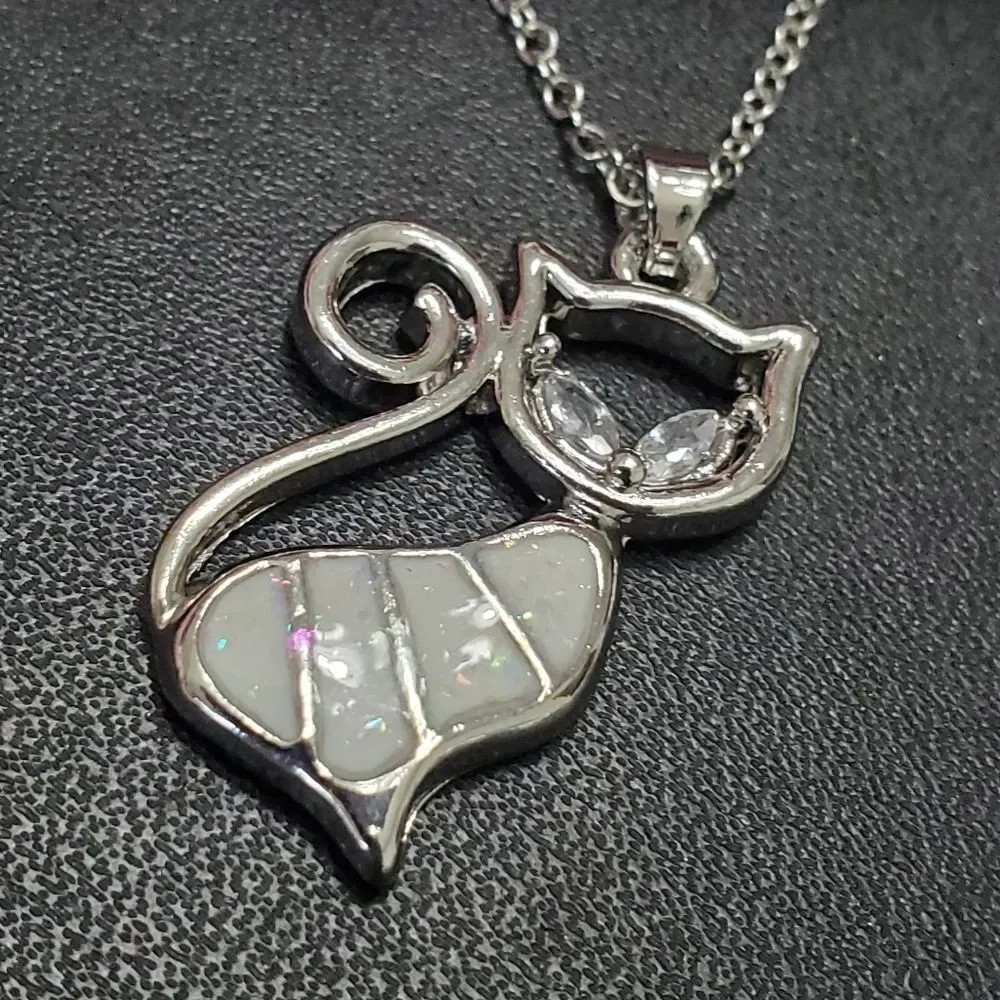 Silver tone glittery enamel cat jewelry set